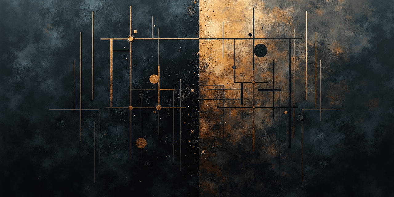 Abstract composition contrasting centralized structures with distributed organic patterns